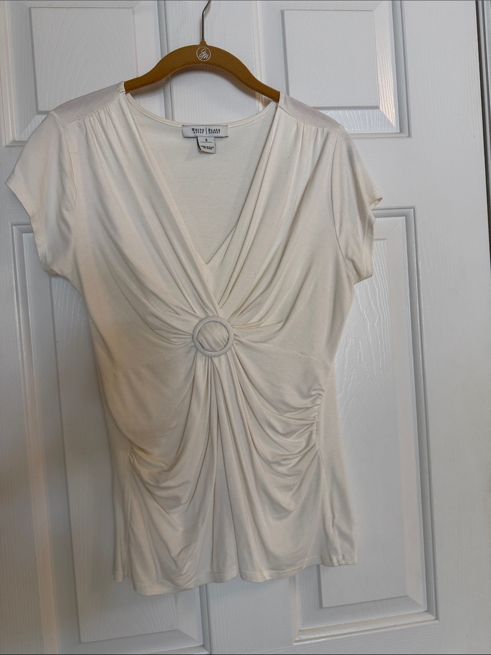 White House Black Market Cream Short-Sleeve Ring-Front Drape Top